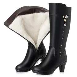 Bottes d'hiver en cuir véritable pour femmes, taille dropshipping, bottes chaudes en laine à talons hauts, bottes d'équitation tendance pour femmes