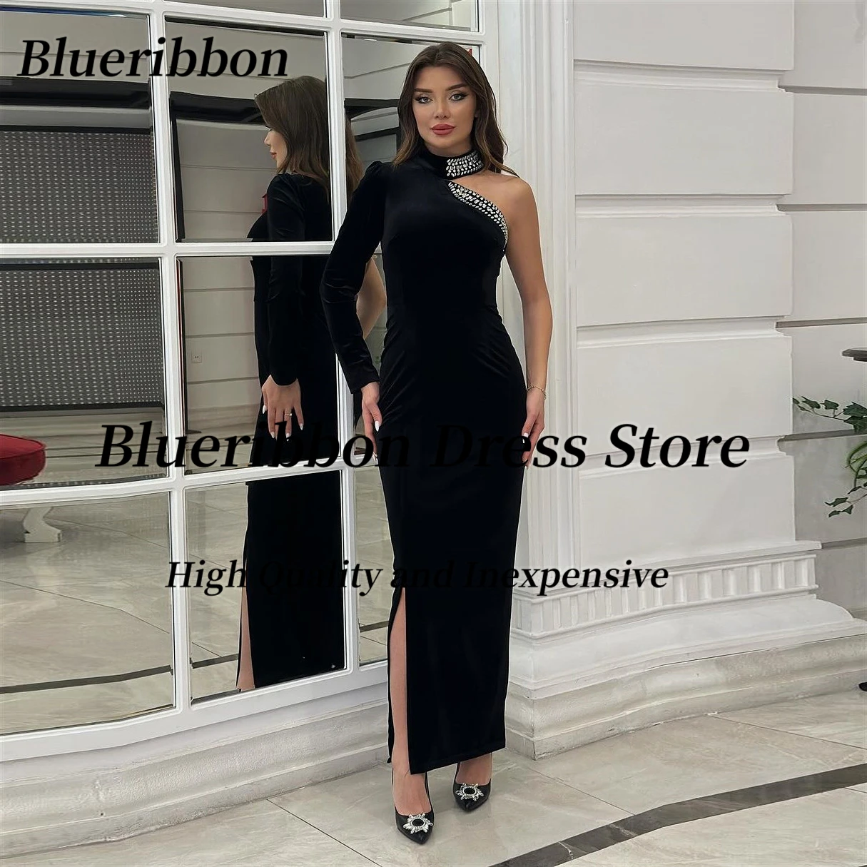 

Blueribbon Modern Black Prom Dresses Beaded High Collar Long Sleeve Evening Gowns Side Slit Cocktail Party Special Dress