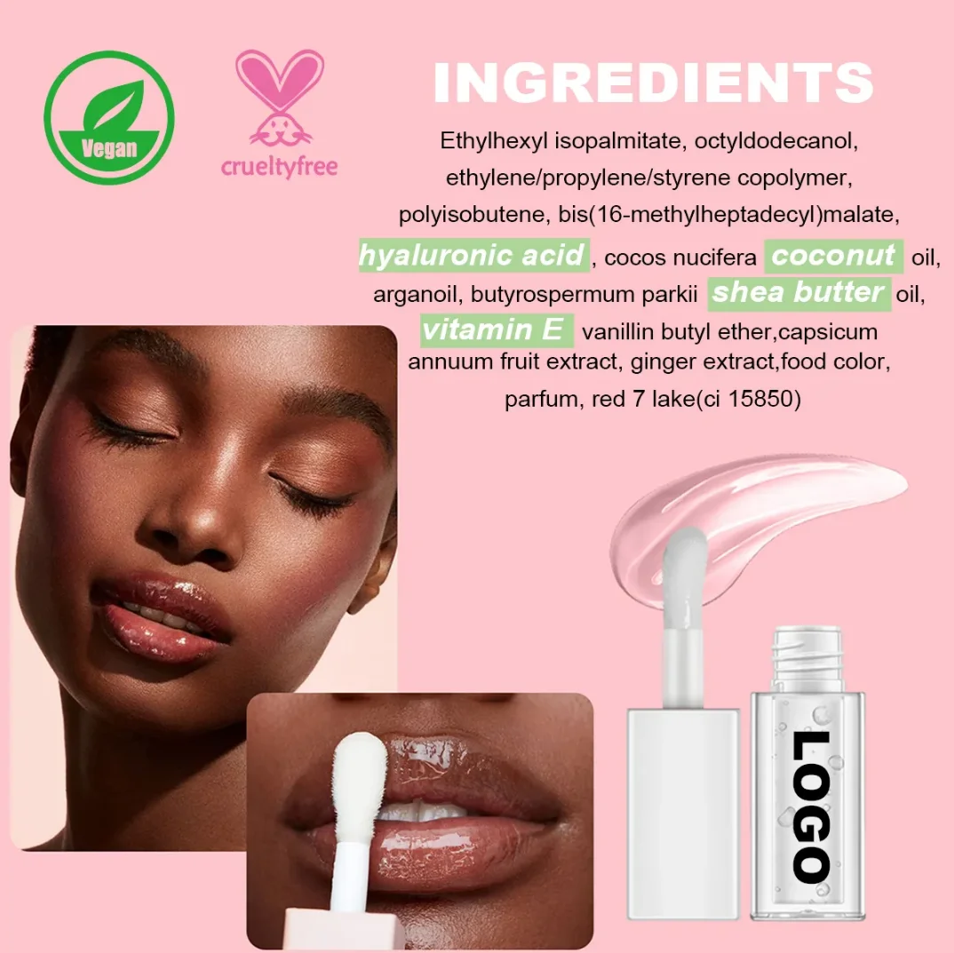 Aceite labial de etiqueta privada, caja rosa, labio regordete, tinte vegano transparente brillante, Base regordeta, maquillaje de frutas, venta al por mayor, a granel para negocios, 10 Uds.