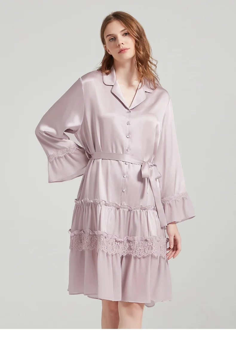 

Women's 100% Mulberry Silk Nightgown with Lace Cuffs | Georgette Panel Detail, Tie-Waist & Pullover Loungewear
