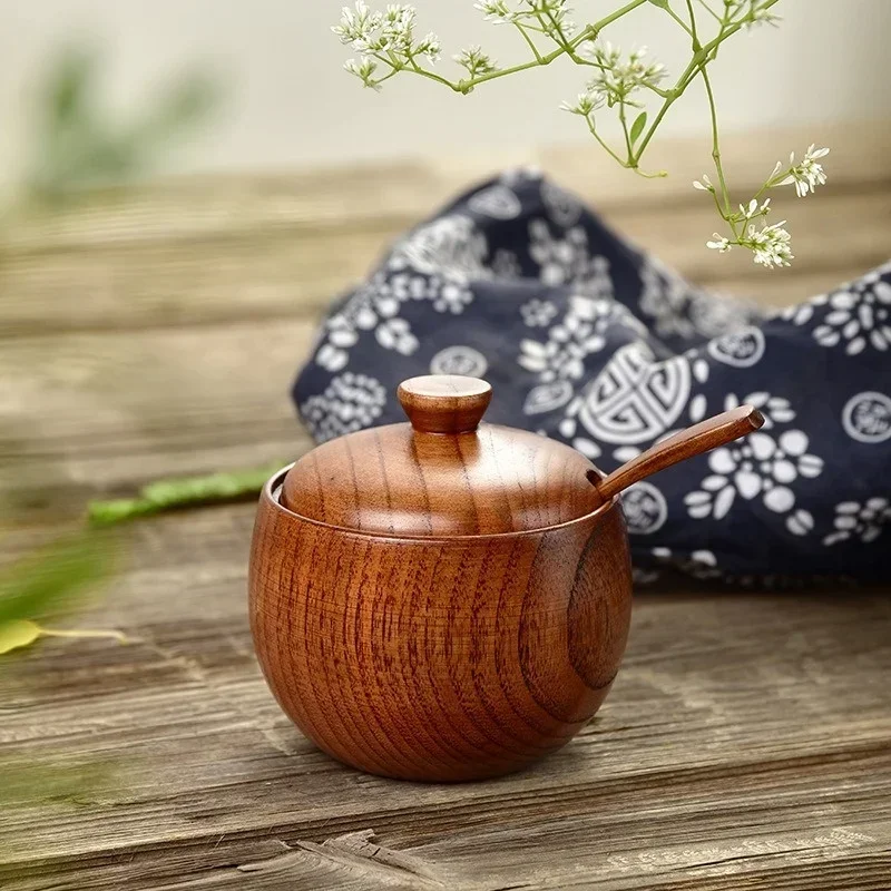 JUSTINLAU Wooden Seasoning Jar Bring Lid and Spoon Powder Container Salt Box Sugar Jar Spice Jar Chili Seasoning Jar Salt Box