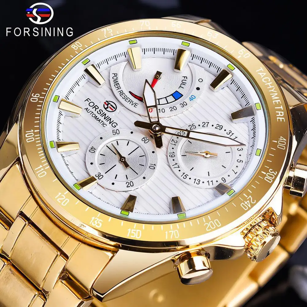 Fashion Forsining Top Brand Full Stainless Steel Multi Functional Men\'s Fully Automatic Mechanical Golden Luxury Wrist Watches