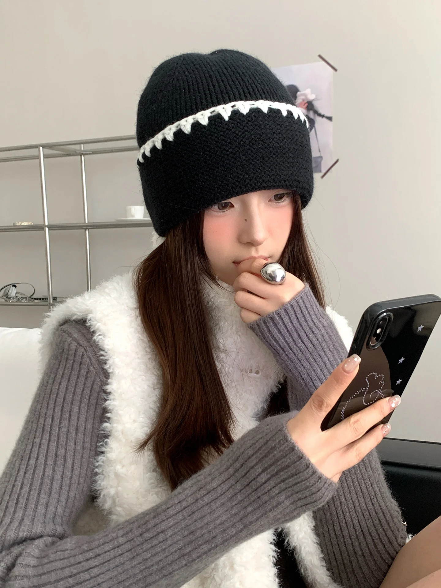 الكورية نمط تنوعا اللون حجب مخطط محبوك قبعة للنساء سميكة حماية الأذن للدفء قبعة مقنعين #4