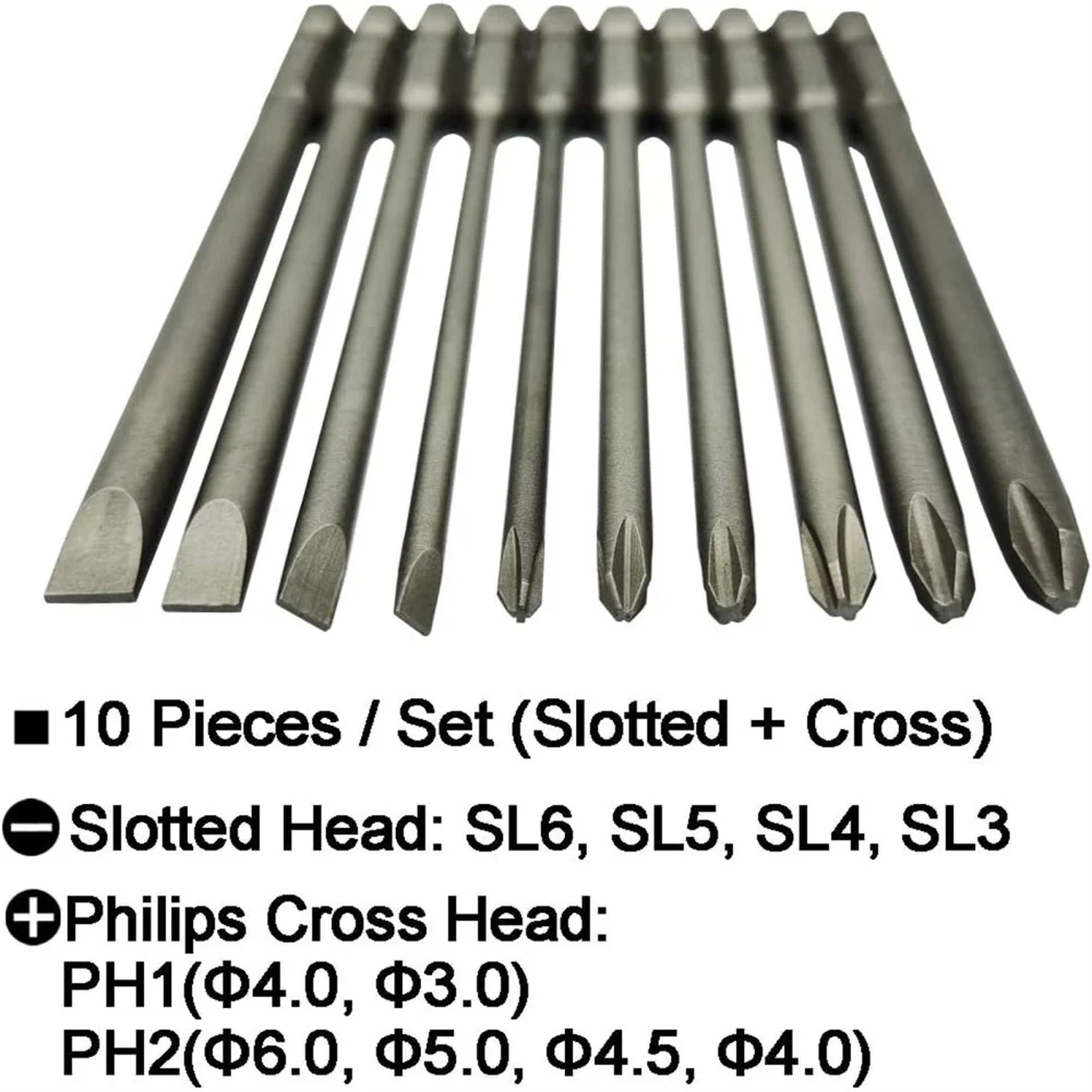 10 PCs Cross Head Bit Set Extra Long Bit Socket Set S2 Steel Bit Screwdriver Wrench Drill Bit Set 3.94 Inch Long Drill Bit Tools