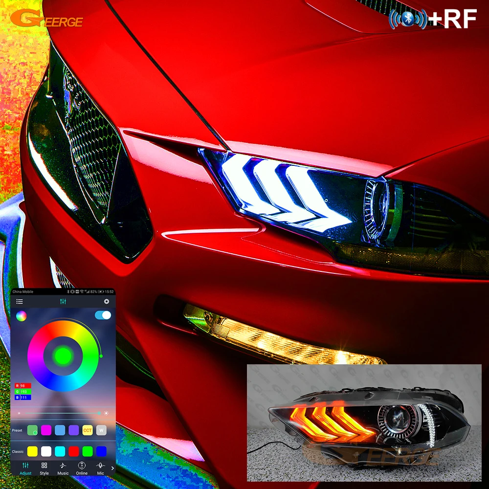 

For Ford Mustang 2018 2019 2020 RF Remote Bluetooth APP Multi Color Hex Hexagon RGB LED Angel Eyes Kit Halo Rings DRL Boards