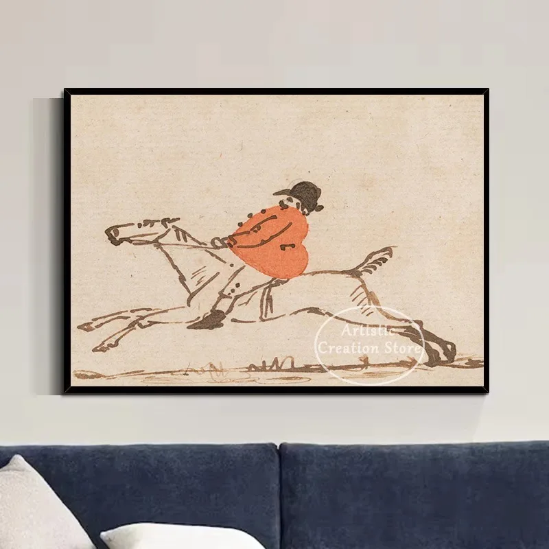 Vintage Huntsman on A Galloping Horse Riding Equestrian Illustration Poster Canvas Painting Wall Art Pictures Home Decor