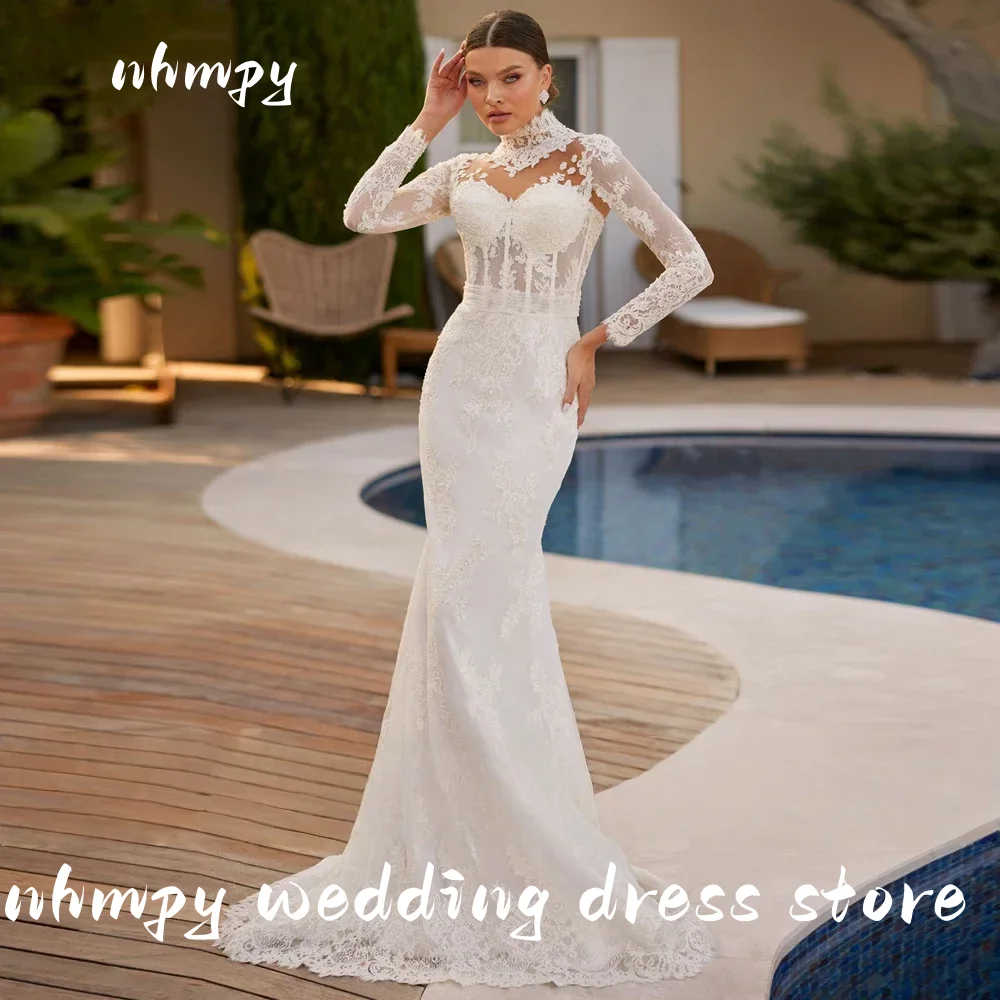 

Элегантные свадебные платья русалки Nymph по индивидуальному заказу, кружевные свадебные платья с длинными рукавами и высоким воротом со съемным шлейфом, платье