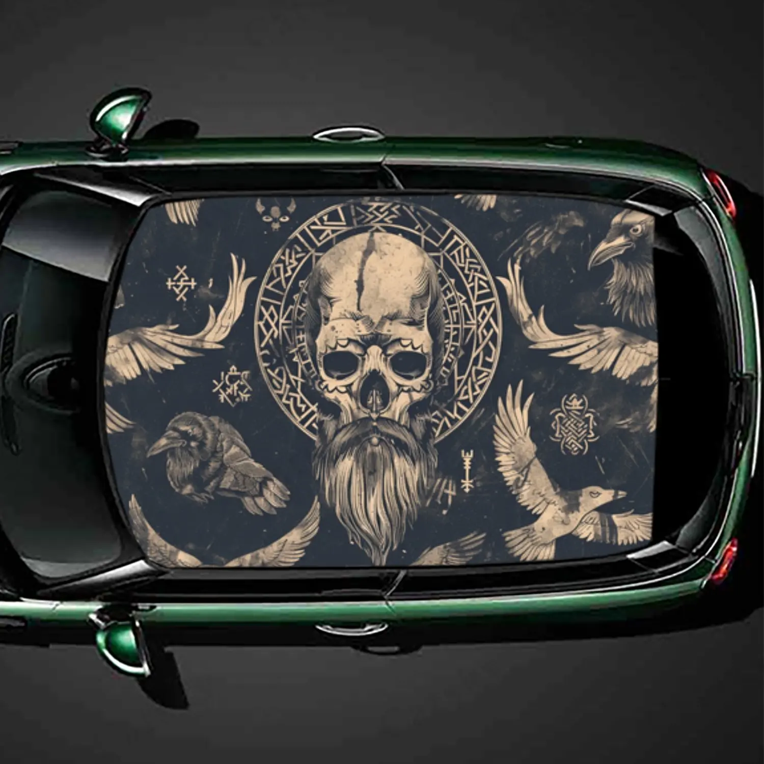 Rune Raven Shadow and Skull PVC Car Roof Sticker, Self-Adhesive Waterproof Car Vinyl Decal, Car Decoration Protection Stickers,