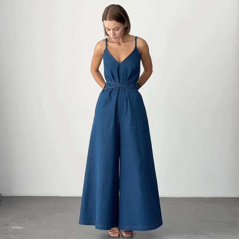 

2025 Summer Women's Solid Color V-neck Strap Waist Loose Wide Leg Strap Jumpsuit