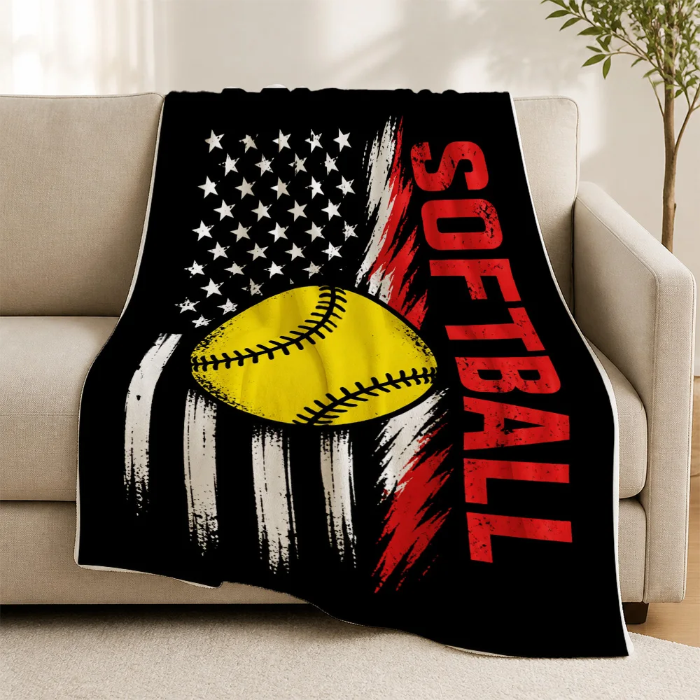 Patriotic Softball Lover Throw Blanket USA Flag Sports Decor for Couch Sofa Bedroom Gifts American Baseball Enthusiast Cozy Fall