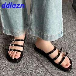 Black Footwear Fashion Metal Buckle Women Flats Slides Slippers New 2024 Female Beach Ladies Slippers Sandals Shoes Big Size