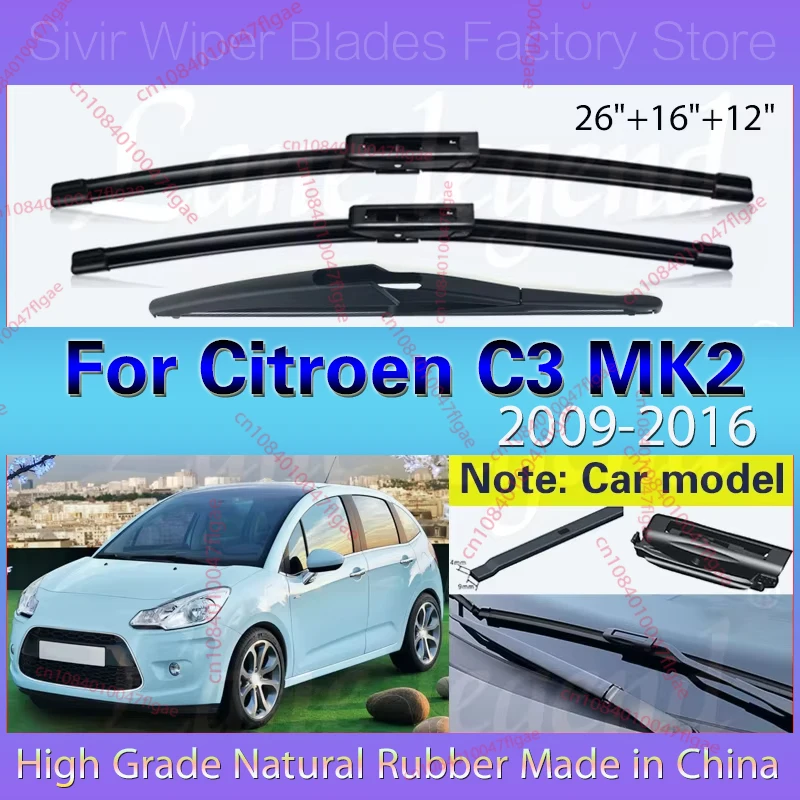 

For Citroen C3 MK2 Hatchback 2009 - 2016 Wiper Front Rear Wiper Blades Windshield Windscreen Window Car Rain Brush 26"+16"+12"
