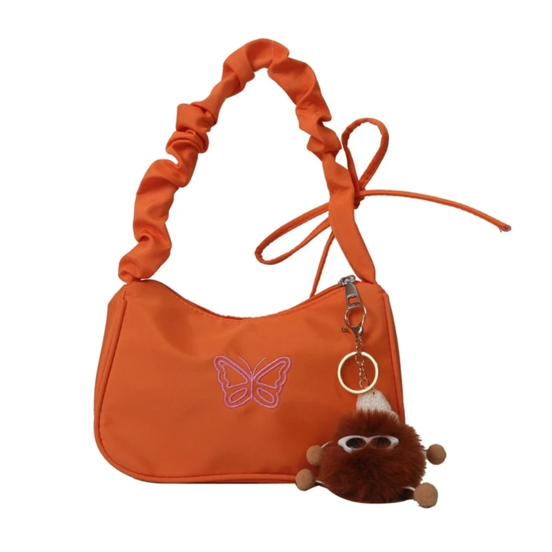 Trendy Women's Shoulder Bag Fashionable Nylon Underarm Bags Pleated Handbag with Unique Embroidered Butterfly Pattern