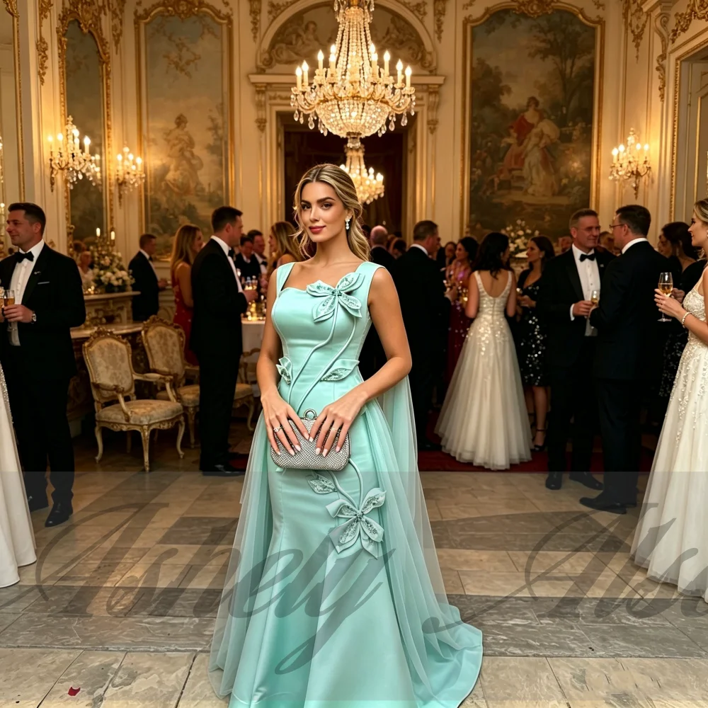 AA139 Turquoise Women's Formal Special Occasion Dresses Jewel Handmade Flower Mermaid Satin Evening Wedding Party Gown Custom