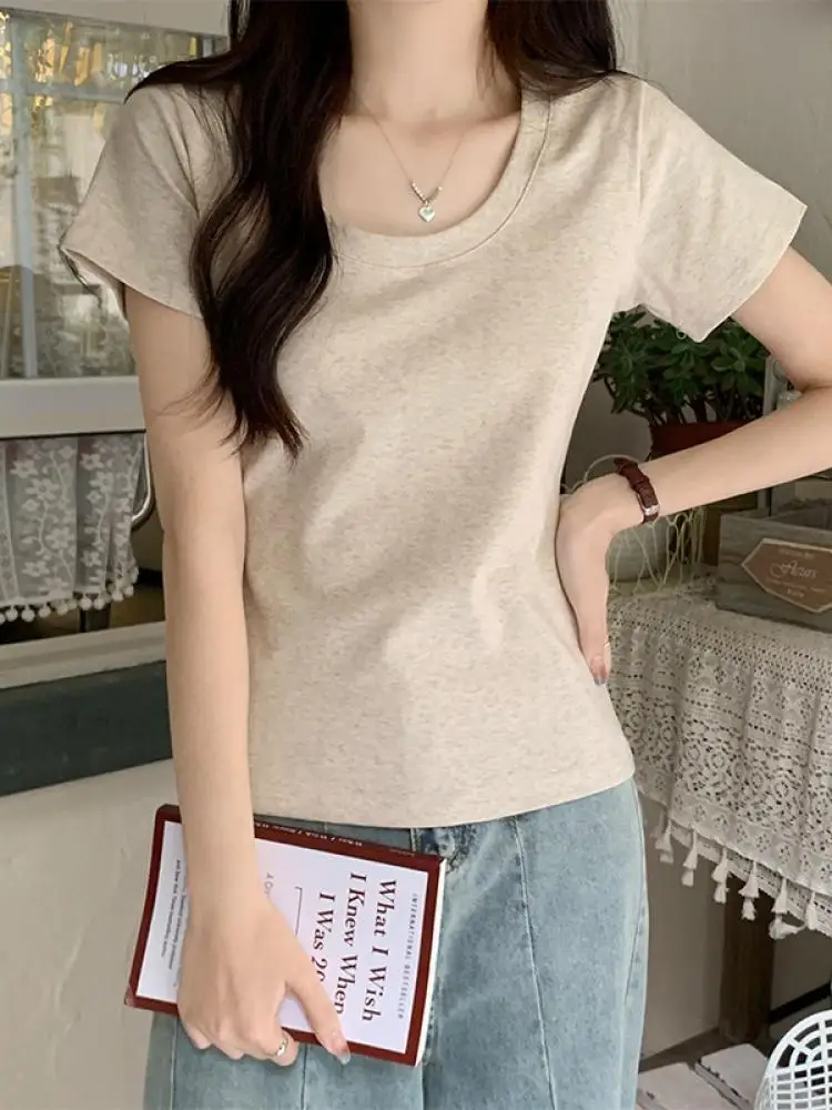 Low round Neck Short Sleeve T-Shirt Women's Summer Trendy Beautiful Shoulder Basic Style Slim Fit Base Layer Shirt