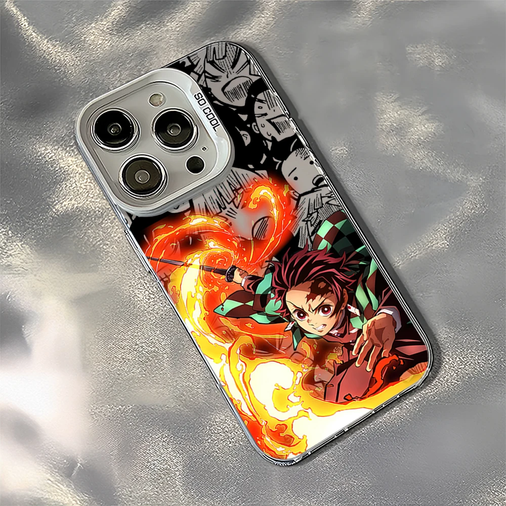 MINISO Anime D-Demon S-Slayer Tanjiro Laser Phone Case for iPhone 12 11 13 14 15 16 Max Pro Plus IMD Shockproof Silicone Coque