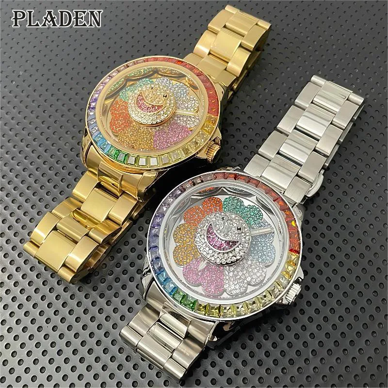 PLADEN Brand Luxury Watches Men Fashion Hip Hop Rainbow Iced Diamond Waterproof Quartz Wristwatch Man Gift Reloj Hombre 2023 New