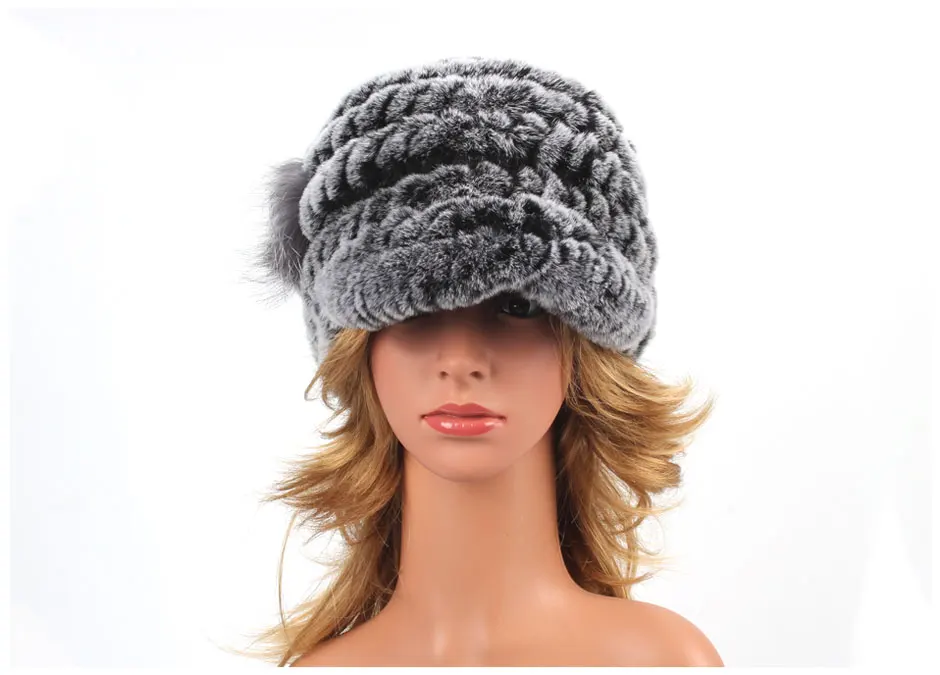 Winter Pelz Hüte für Frauen Rex Kaninchen Fell Elastische Gestrickte Hut mit Blume Pelz Hut Großhandel Baseball Kappe Weibliche Echtpelz Bonnets – Detail 14