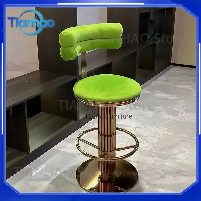 High Back Bar Chair for Italian Light Luxury Style Stainless Steel Metal High Stool for Restaurant Island Rotating Velvet