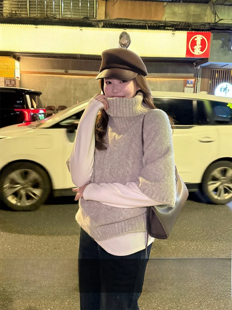 

Женский вязаный свитер больших размеров с высоким воротником и рукавом три четверти, с узором «косы», зимний, модный, повседневный, удобный топ для женщин.