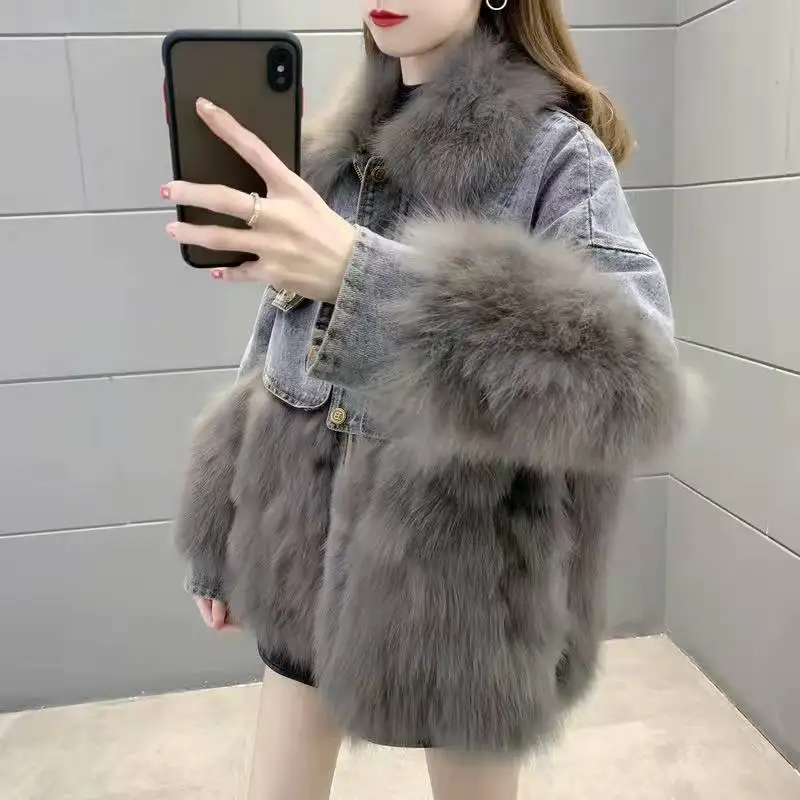 2024 Fur Coat High-end Denim Fur Korean Version Overcoming Casual Cotton Denim Coat Fashion Winter Stitching Down Jacket Y129