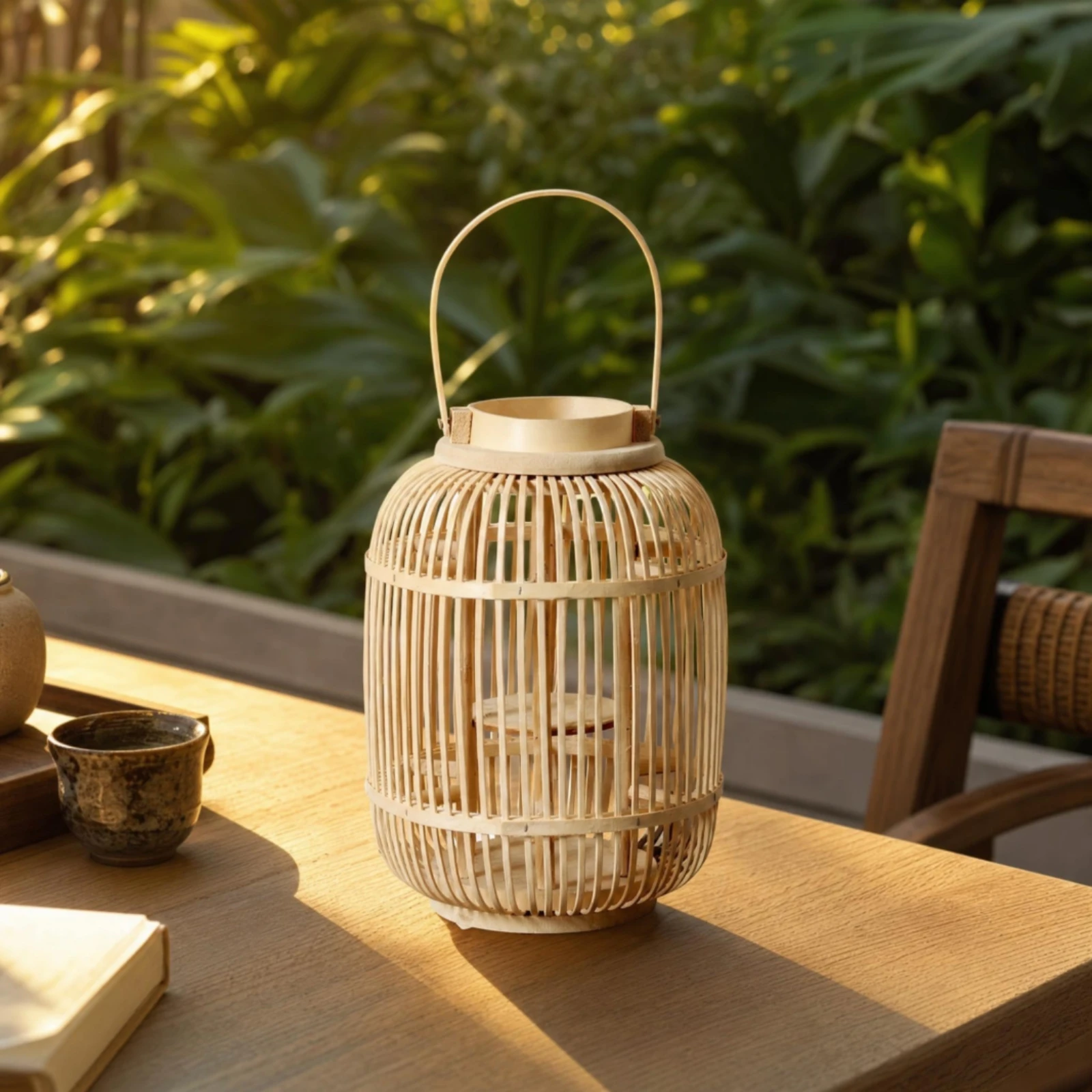 Candle Holder with Handle Rustic Candle Lantern with Handle Bamboo Lantern Lightweight Decor Textured for Patio, Tea Room