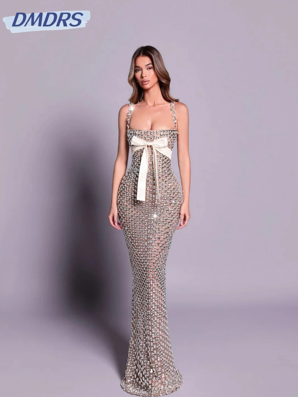 

Silver Luxurious Crystal Evening Dress With Bow Illusion Square Neck Wedding Party Gown Customized Straight Long Prom Dresses