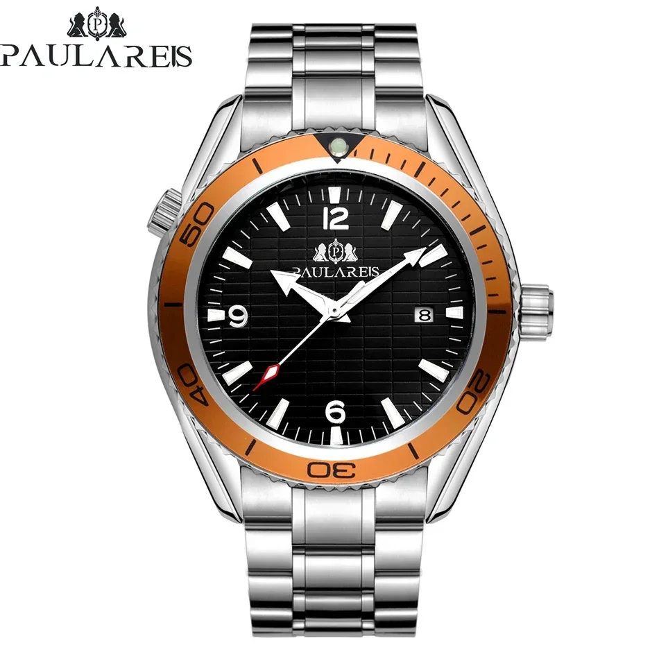 Automatic Watch for Men Mechanical Movement Stainless Steel Strap Simple Orange Blue Bezel Date Business Reloj Hombre Baratos