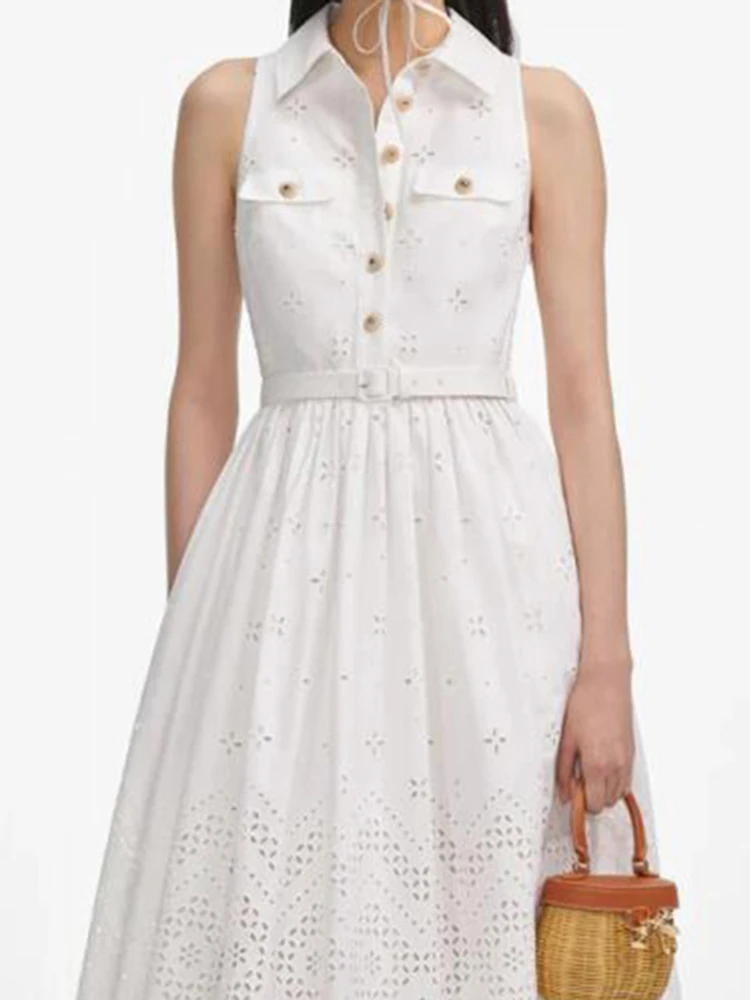 Wysoki stan, bez rękawów, pasek, wycięcia, spódnica o średniej długości w kształcie litery A, włókno poliestrowe, wiosna, lato, jesień, prosty, elegancki.