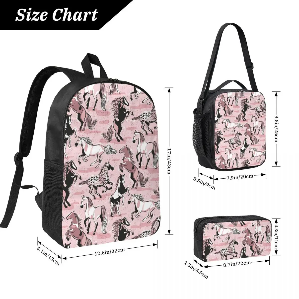 Horses In The Wind Cotton Candy Pink Backpack Boys Girls BookBag School Bag Shoulder Bags 3ps Insulated Lunch Bag Pencil Case