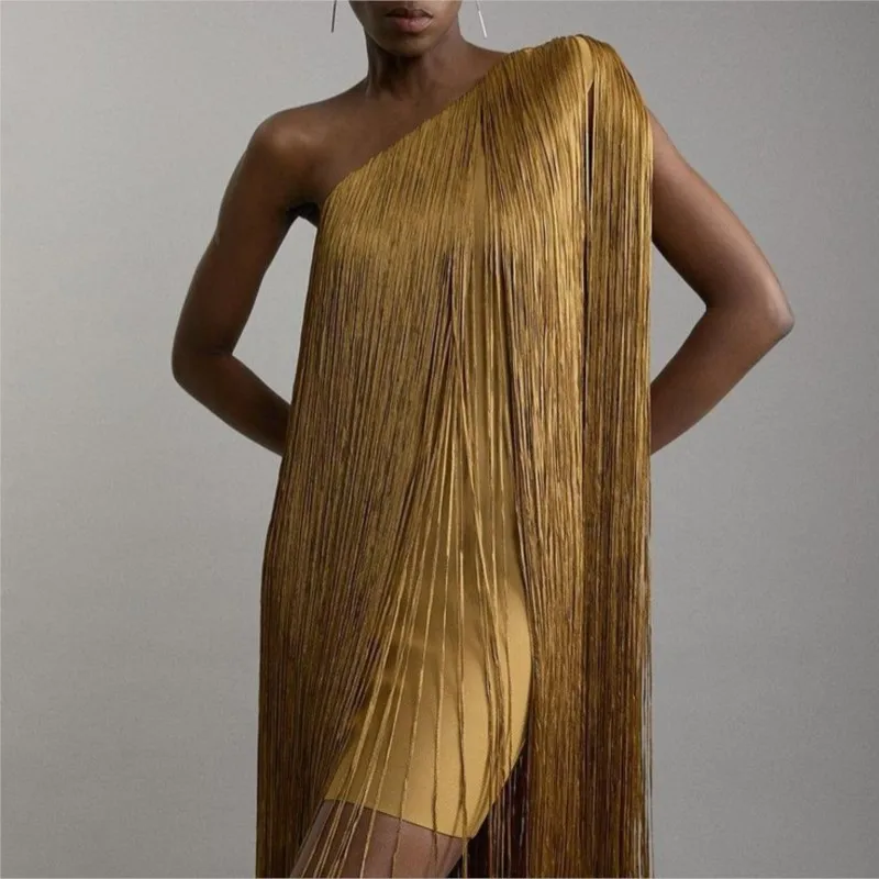 

Summer New Evening Dress Women's Fashion Slanted Neck Asymmetric Short Dress Fashion Tassel Splicing Solid Evening Dress