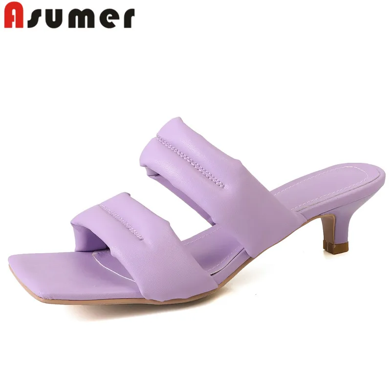 

ASUMER New Square Toe Sheepskin Leather Summer Slippers 2024 Ladies Casual Luxury Shoes Thin Med Heels Women's Slippers