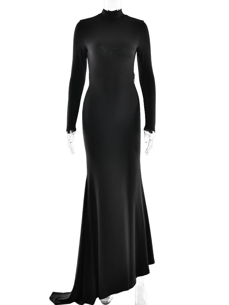 Sibybo Metal Backless Sexy Bodycon Maxi Dress Women Gowns Elegant Half High Collar Long Sleeve Evening Party Dresses Vestidos