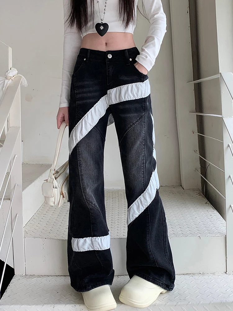 Patchwork Micro Flare Jeans Women High Street High Waist Wide Leg Long Denim Pants Female Loose Casual Trousers Black Jeans