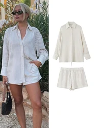 TRAF Women Oversizd Striped Shirts Shorts Set 2024 Long Sleeved Shirt and Shorts Two Pieces Sets Summer Chic Lady Street Suit