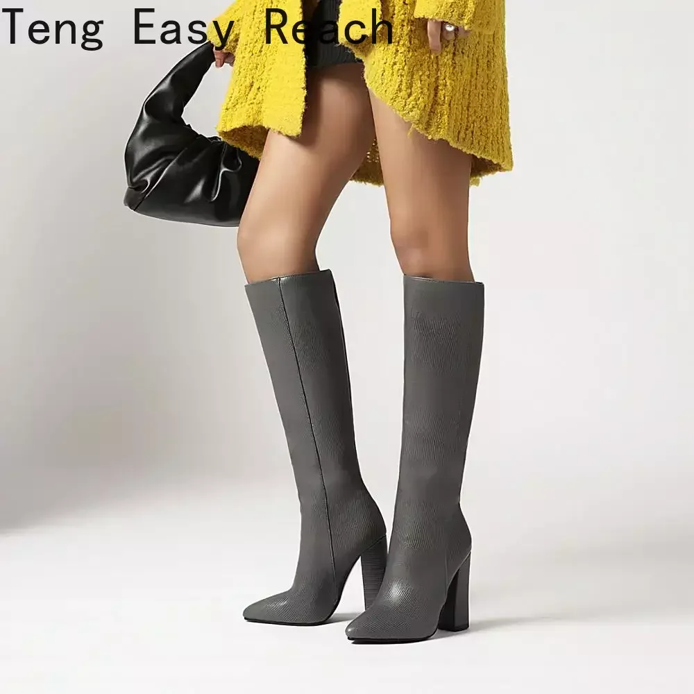 Women Boots Sqaure High Heel Knee High Boots Faux Leather Pointed Toe Autumn Winter Long Boots Black Blue 34-43