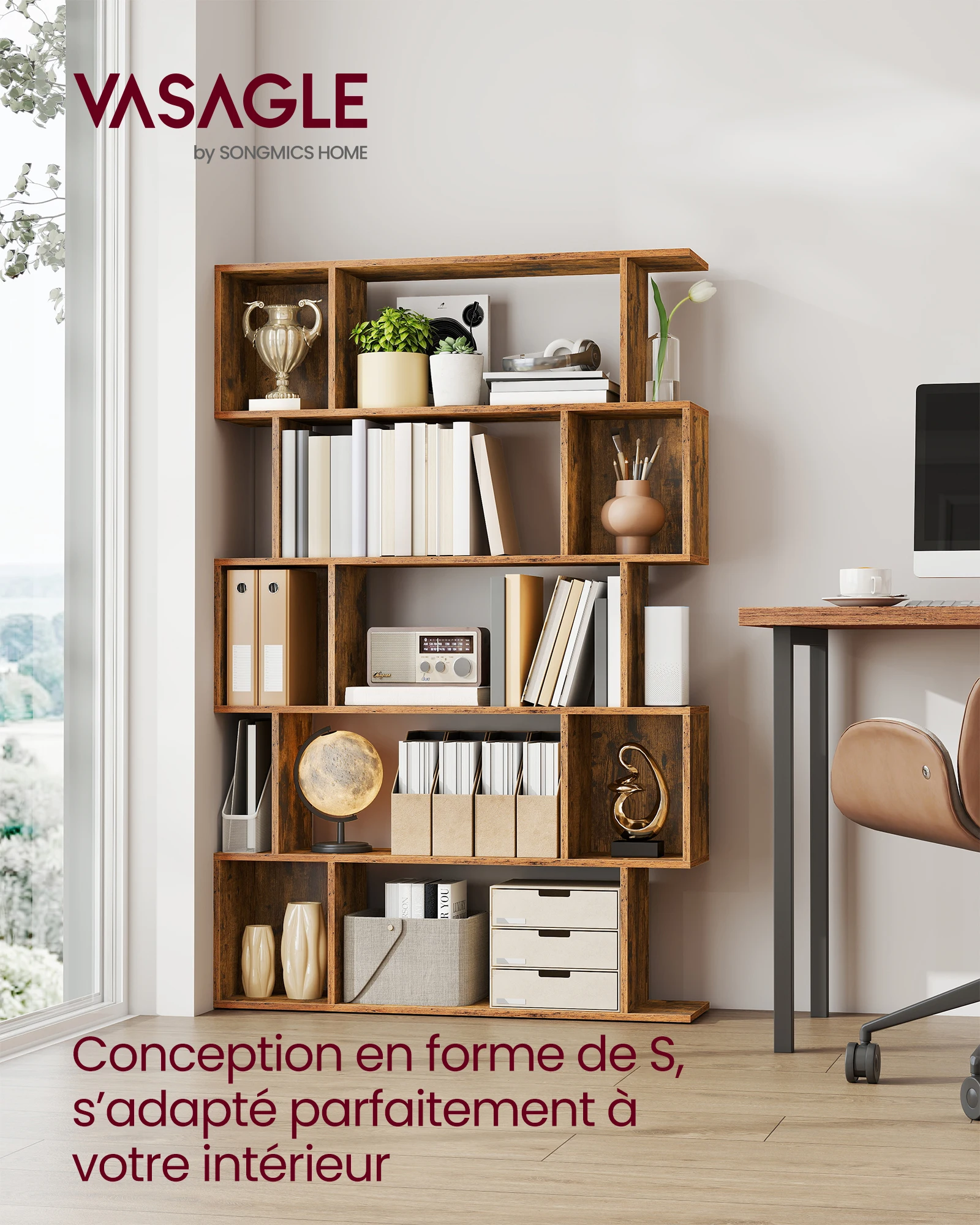 Librería, Estantería de 5 niveles, 24 x 90 x 159 cm, Mueble de almacenamiento, con compartimentos abiertos, para salón, dormitorio, oficina