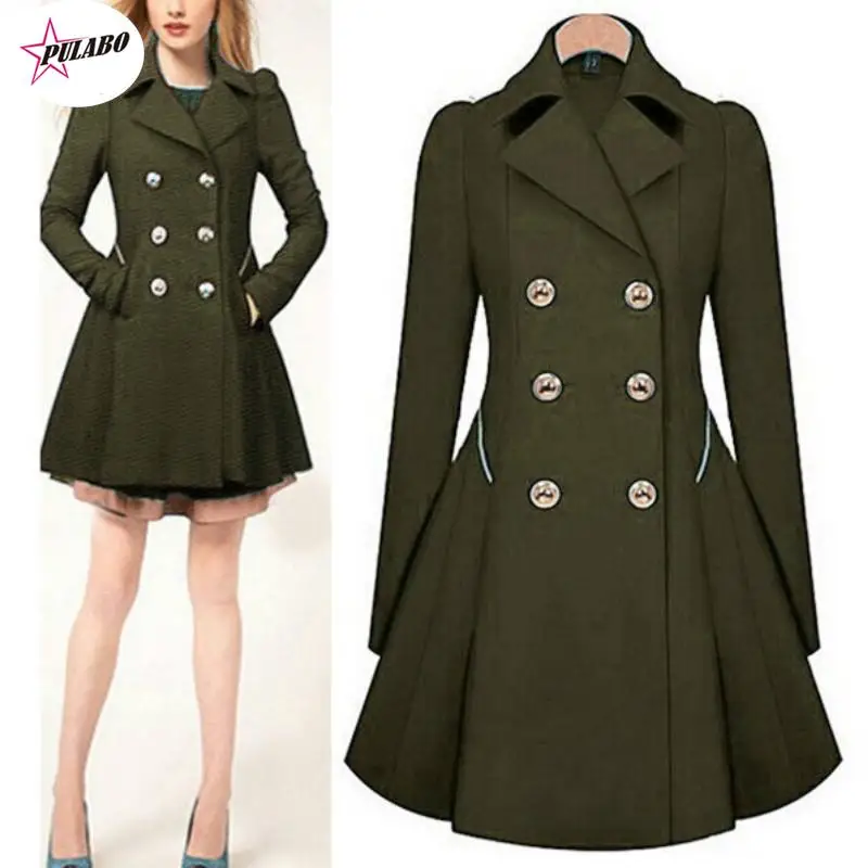 

Autumn Winter Trench Coat PULABO Turn Down Collar Casual Trench Coat Women Solid Long Slim Double Breasted Coats