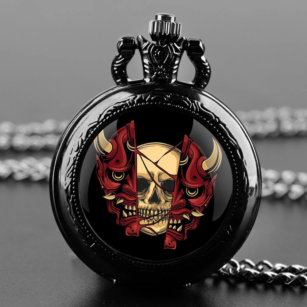 Anime Mask Skull Glass Dome Vintage Arabic Numerals Quartz Pocket Watch Necklace Pendant Clock Chain Men Women Anime Fans