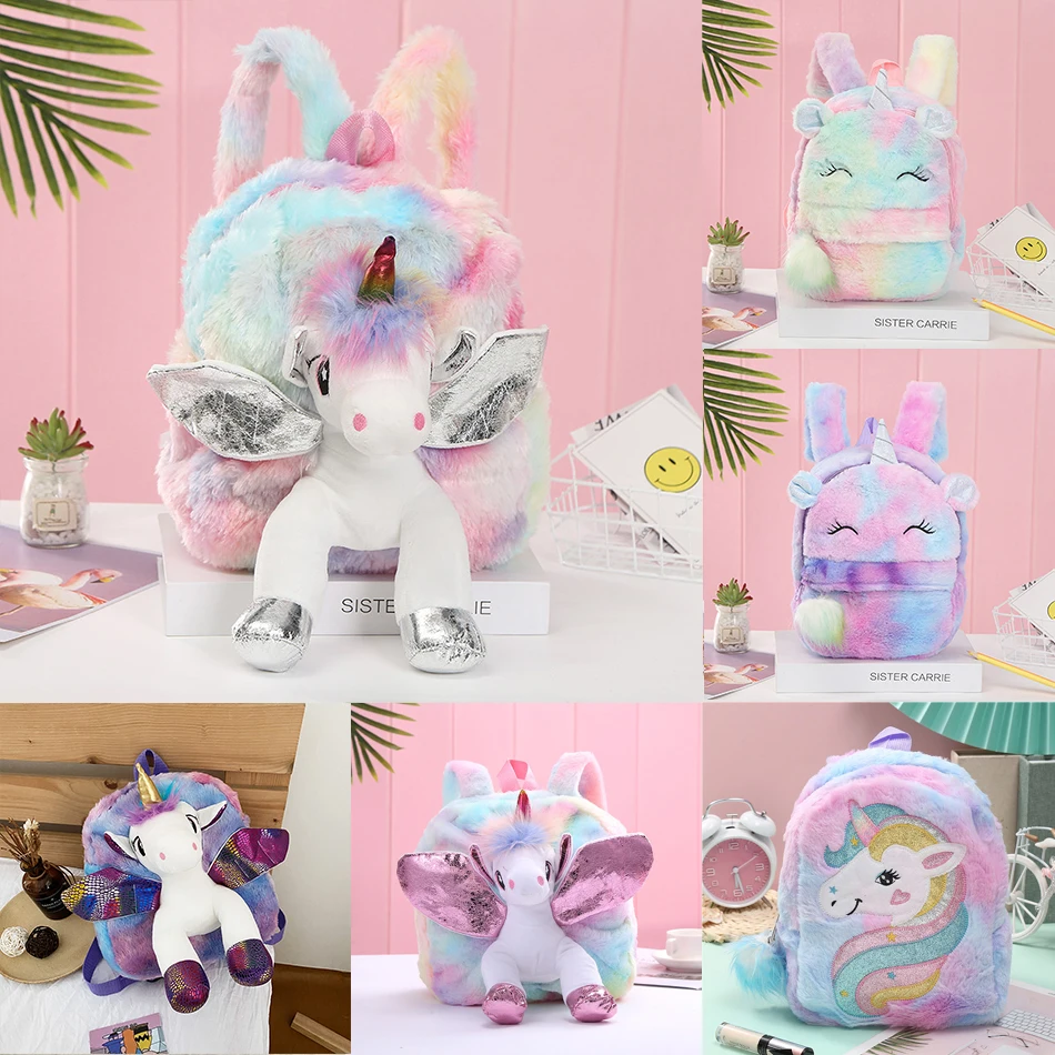 Unicorns Cartoon School Book Bag Backpacks Cute Fashion 3D Fur Backpacks For Girls Travel Backpack Children Schoolbag Kids Gift