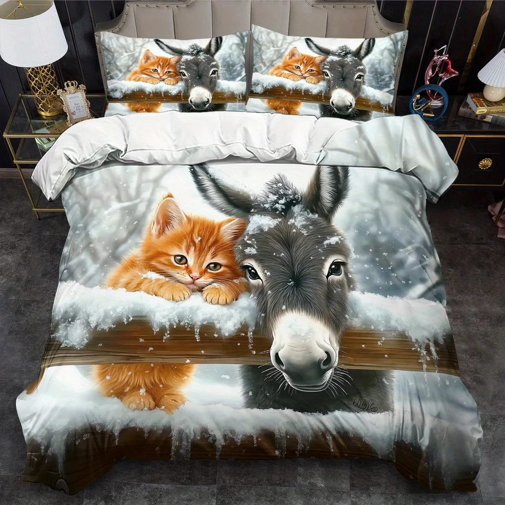Cat Pattern Bedding Set, Fantasy Animal Print Duvet Cover Set Multi Size Quilt Cover Queen Size Bedroom Bedding Decoration Machine Washable Adult Boy Girl