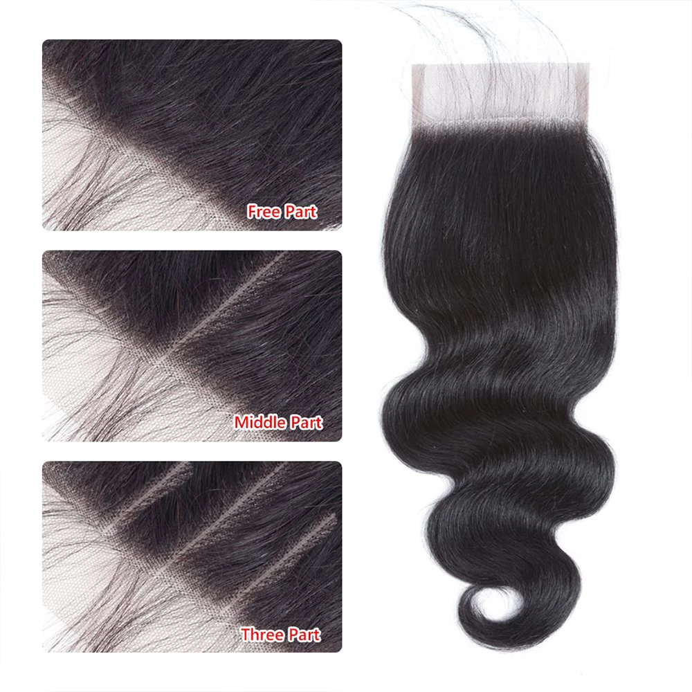 Cheveux humains indiens Remy Body Wave avec fermeture à lacet, partie libre, partie centrale, partie latérale, pré-épilés avec des cheveux de bébé, extrémité complète, 10-22 po, 4x4