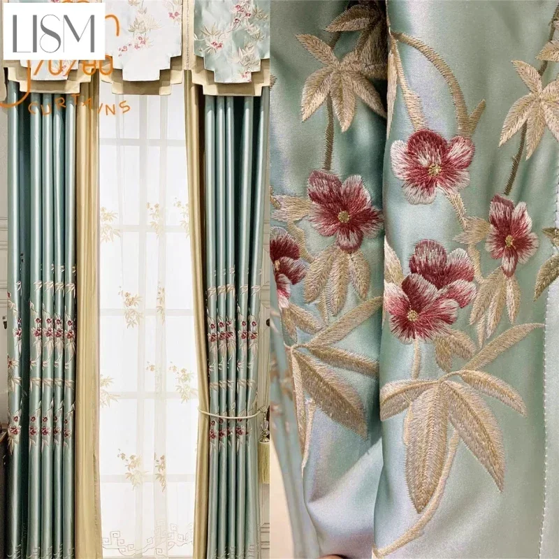 New Chinese Mint Green Embroidery Window Screen Curtains For Living Room Bedroom Study French Window Customized Valance