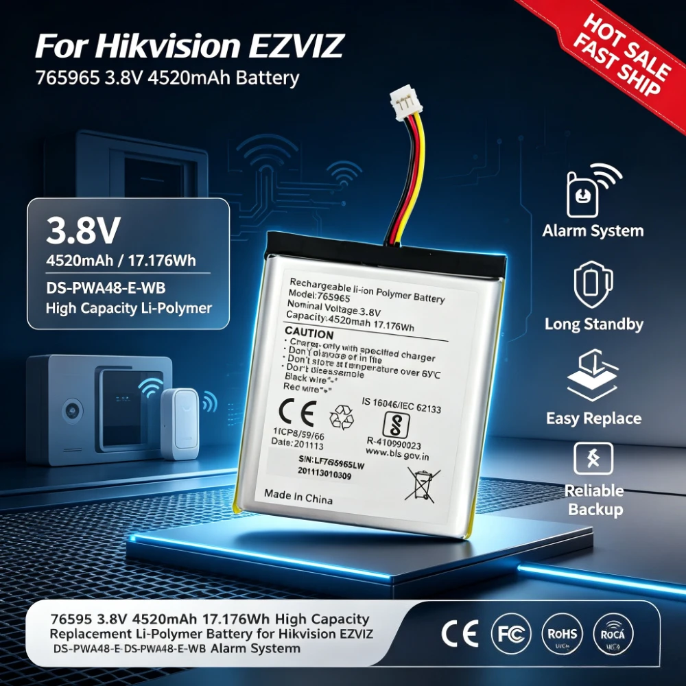 765965 3.8V 4520mAh Li‑Polymer Replacement Battery For Hikvision EZVIZ DS‑PWA48‑E‑WB Alarm Security System Spare Battery