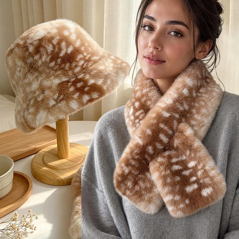 Gorro de invierno de piel sintética para mujer con bufanda a juego, estampado de leopardo, gorro de punto grueso y cálido, calentador de cuello para esquiar al aire libre.