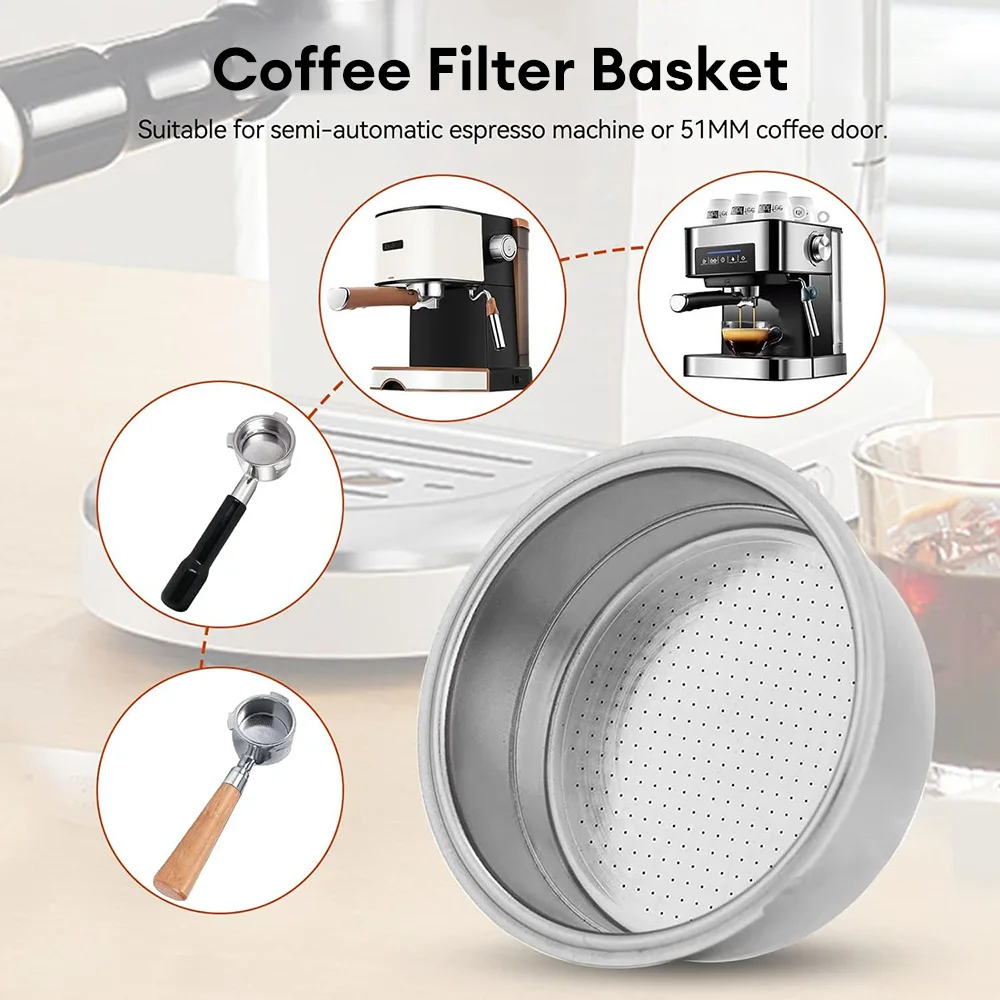 304 Stainless Steel Coffee Filter Basket 51mm Single 1 Cup Double 2 Cup Portafilter Coffee Making Tool for Home Kitchen Coffee