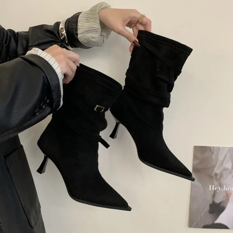 Autumn and Winter New European and American Thin Heel Pointed Stacked Boots Western Cowboy Knight Retro Women's Short Boots