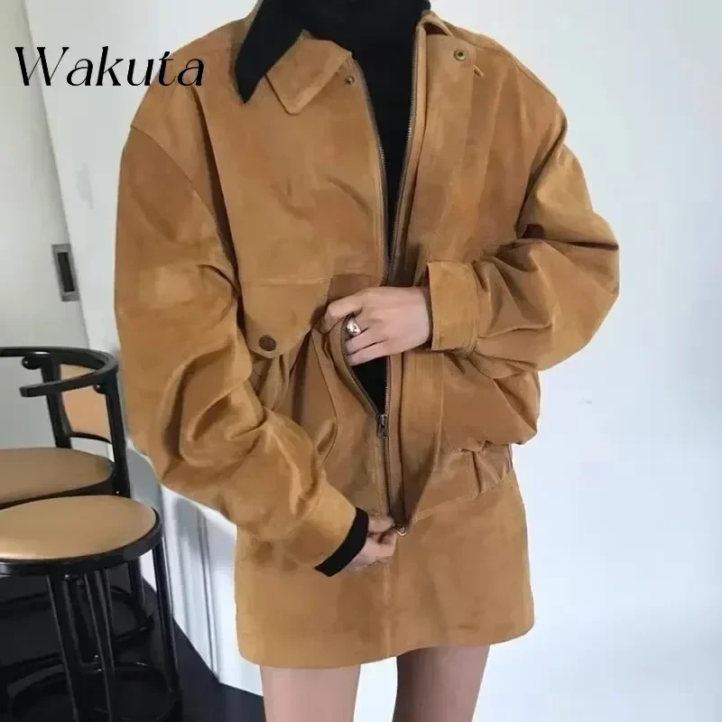 

WAKUTA Korean Retro Versatile Lapel Loose Long-sleeved Coat Chic A-line Half-body Dress Short Skirt Fall Sets أطقم نسائية قطعتين
