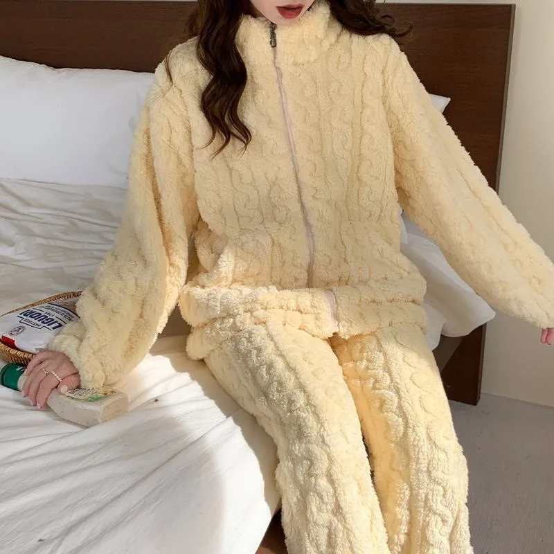 Flannel Pajamas Set Autumn Winter Female Sleepwear Trouser Suit Thicken Coral Fleece High Collar Lounge Wear Soft Warm Homewear