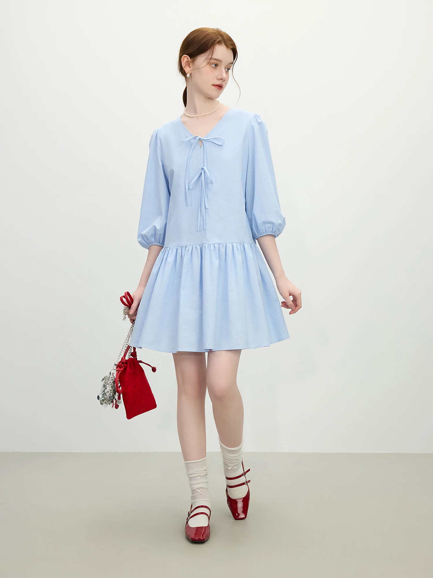 

FSLE Office Lady French V-Neck Bow A-Line Dress 2025 Summer High-Waisted Linen Blend Casual To Chic Boho Elegance 25FS12218